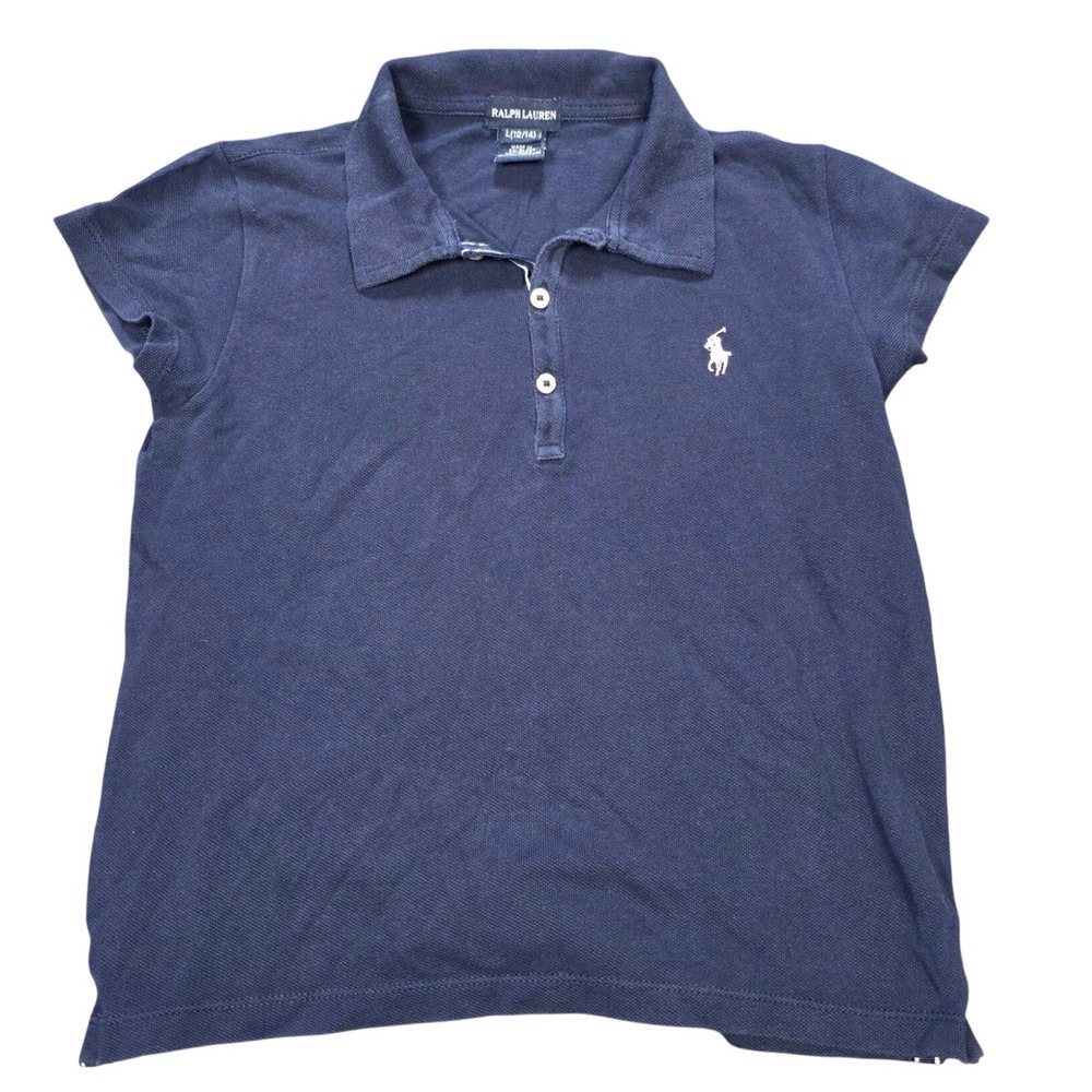 Ralph Lauren Pique Polo Shirt Girl's Size L 12/14 Navy Blue Short Sleeve Logo